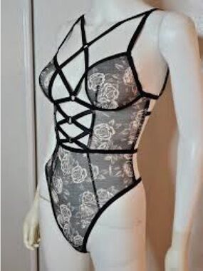 Victoria's Secret Black Floral Lace Strappy Bodysuit